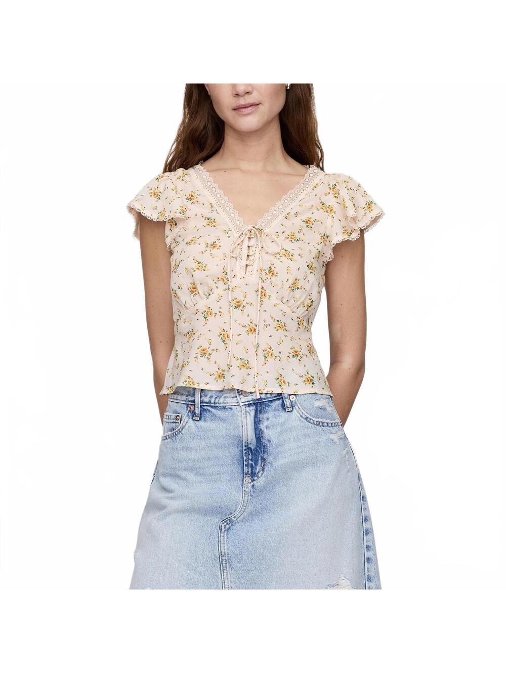 Gap Cotton Rayon Lace-Trim Floral Top NWT Yellow Floral XXL